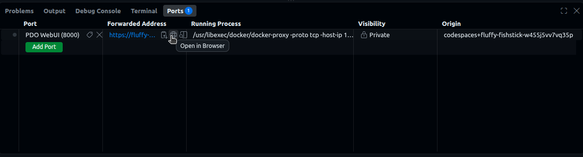 The Ports tab listing PDO WebUI on port 8000, with the globe icon that opens the forwarded address in a browser.